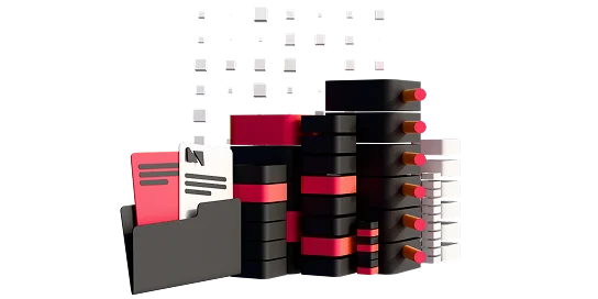 3D illustration: database cylinders and documents, database design
