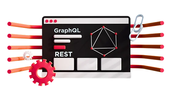 3D illustration: a screen with GraphQL and REST labels connected by cables and a gear, API development approaches