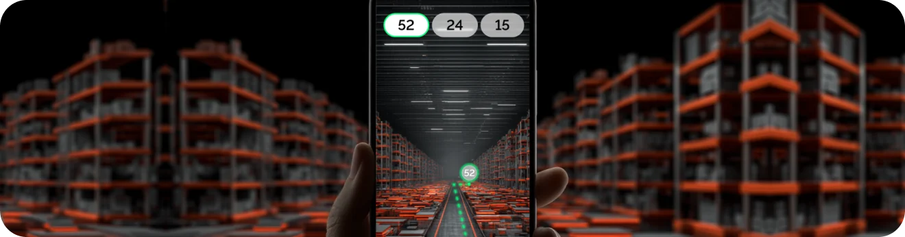 Augmented reality navigation in a warehouse: a phone screen shows the route between storage racks