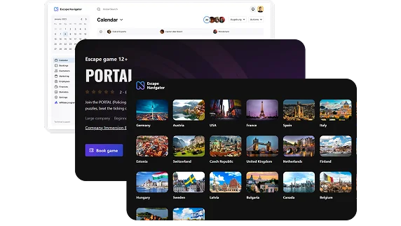 Escape Navigator screens: booking calendar and the escape rooms catalogue