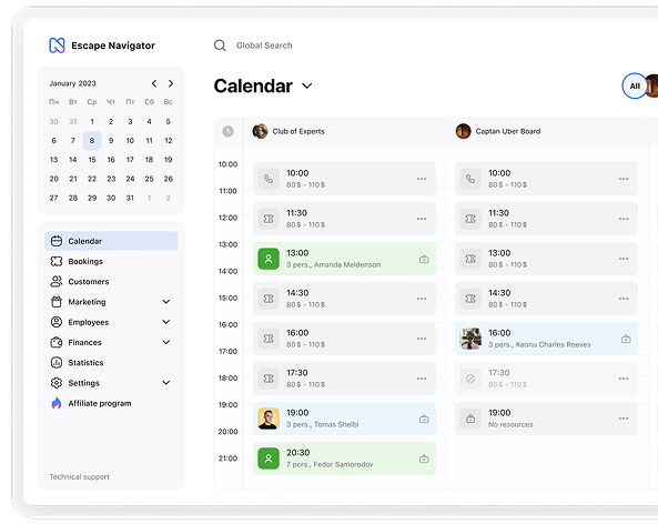 Интерфейс календаря в CRM Escape Navigator для управления бронированиями квест-комнат